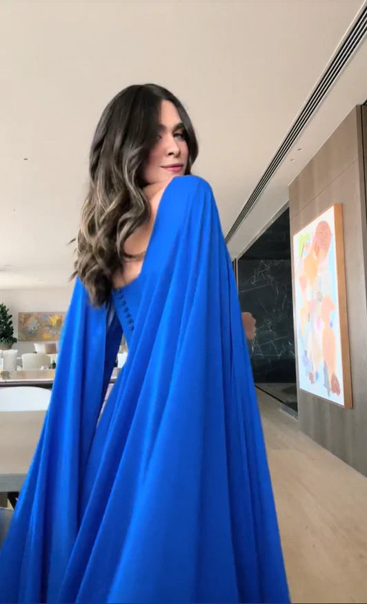 Luolandi Royal Blue Cape Sleeves A-Line Long Formal Prom Dress Evening Gown Elegant