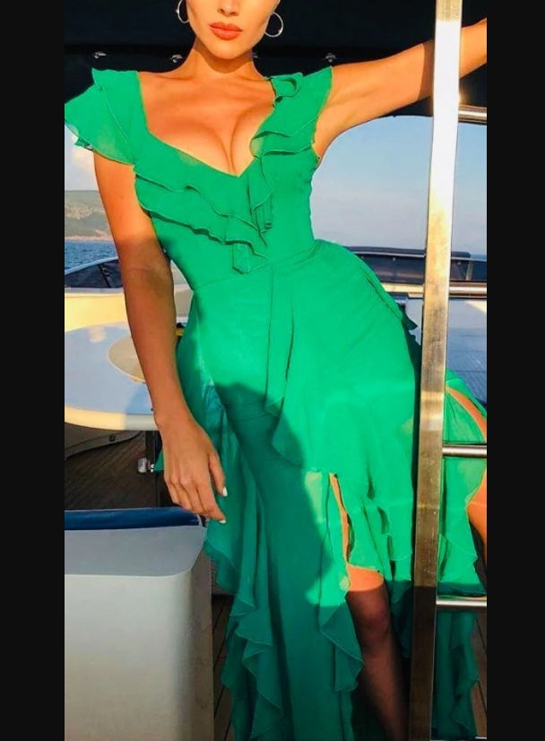 Luolandi Green V Neck Ruffle Elegant Long Party Dress with Slit Sexy Evening Dress