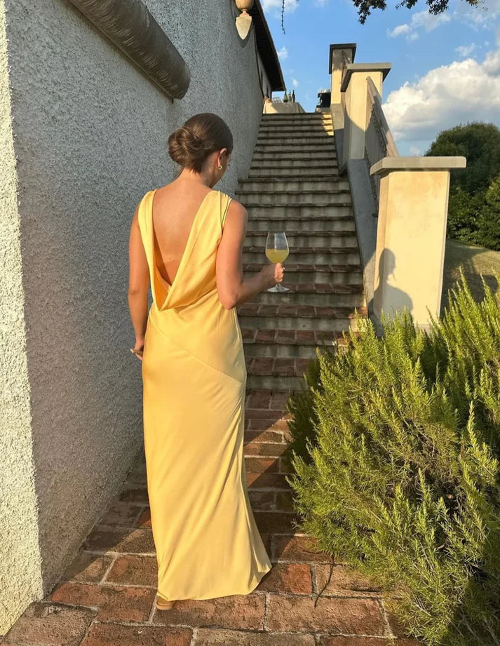 Luolandi Yellow V Neck Backless Elegant Long Party Dress Sexy Evening Dress Formal Dress