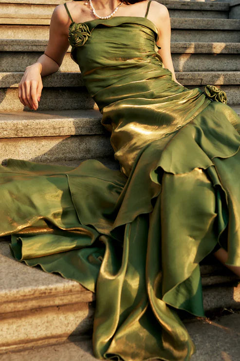 Luolandi Green Spaghetti Straps Ruffle Vintage Long Prom Dress Maxi Dress Charming Evening Party Dress