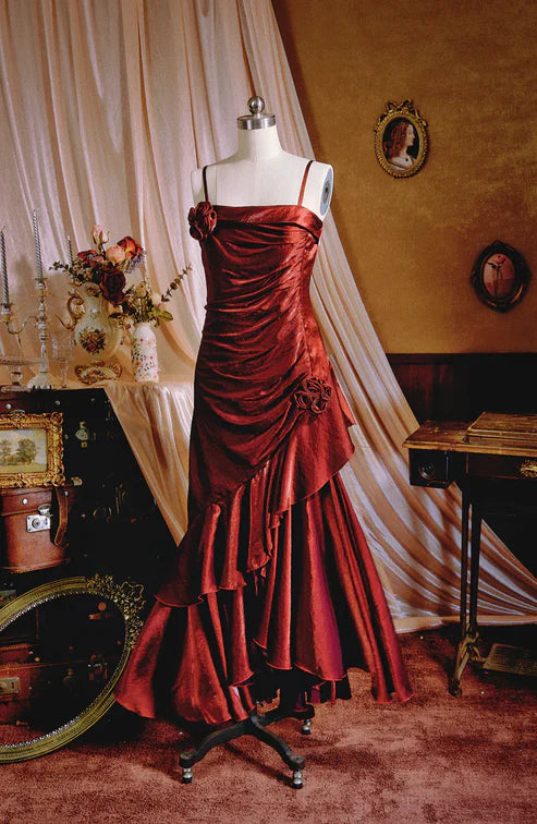 Luolandi Green Spaghetti Straps Ruffle Vintage Long Prom Dress Maxi Dress Charming Evening Party Dress