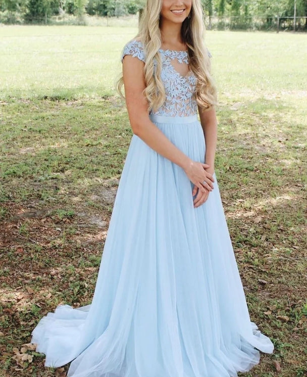 Luolandi Illusion Bateau A-line Prom Dresses Tulle Appliqued Gowns Beautiful Evening Dress Formal Dress