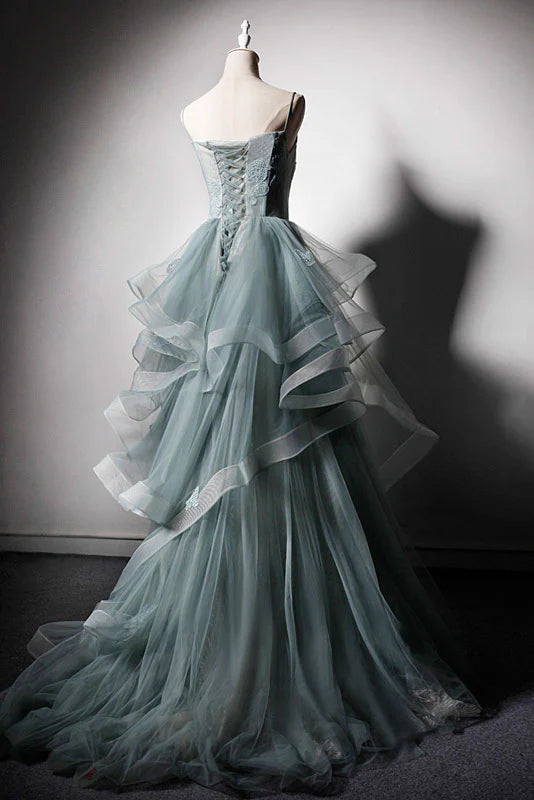 Luolandi Green tulle lace long prom dress evening dress A Line Formal Dress with Appliques