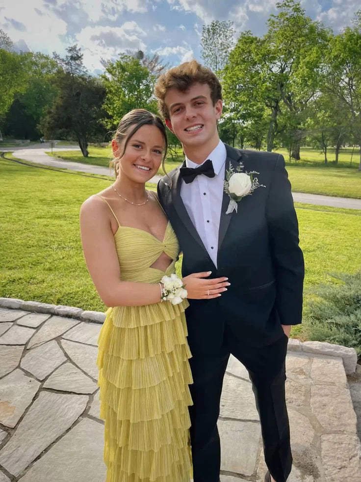 Luolandi Yellow Spaghetti Straps A-Line Tiered Long Prom Dress Sexy Evening Dress Party Dress