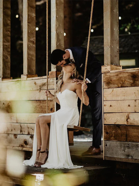 Luolandi Delicate Lace Bridal Gowns Sweetheart Chiffon A-line Wedding Dresses Off Shoulder Charming