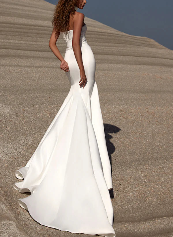 Luolandi Strapless Trumpet Mermaid Satin Wedding Dresses With Court Train Off Shoulder Simple Solid Color