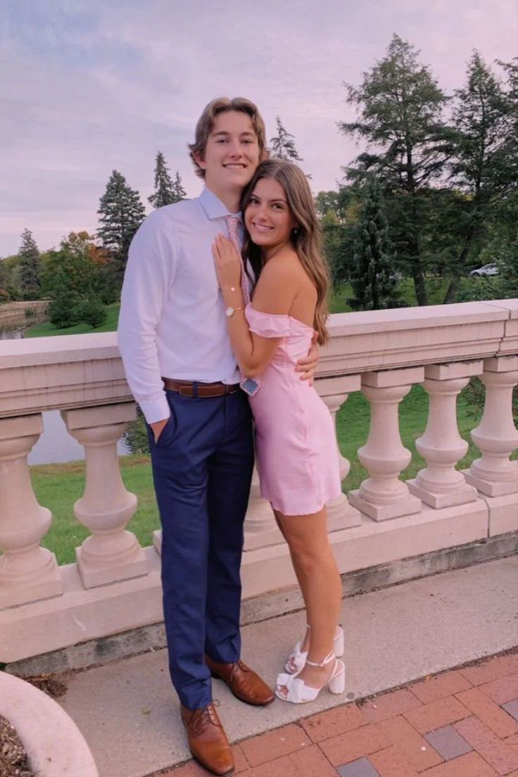 Luolandi Off Shoulder Sheath Satin Pink Homecoming Dress Birthday Outfits Party Dress Formal Dress