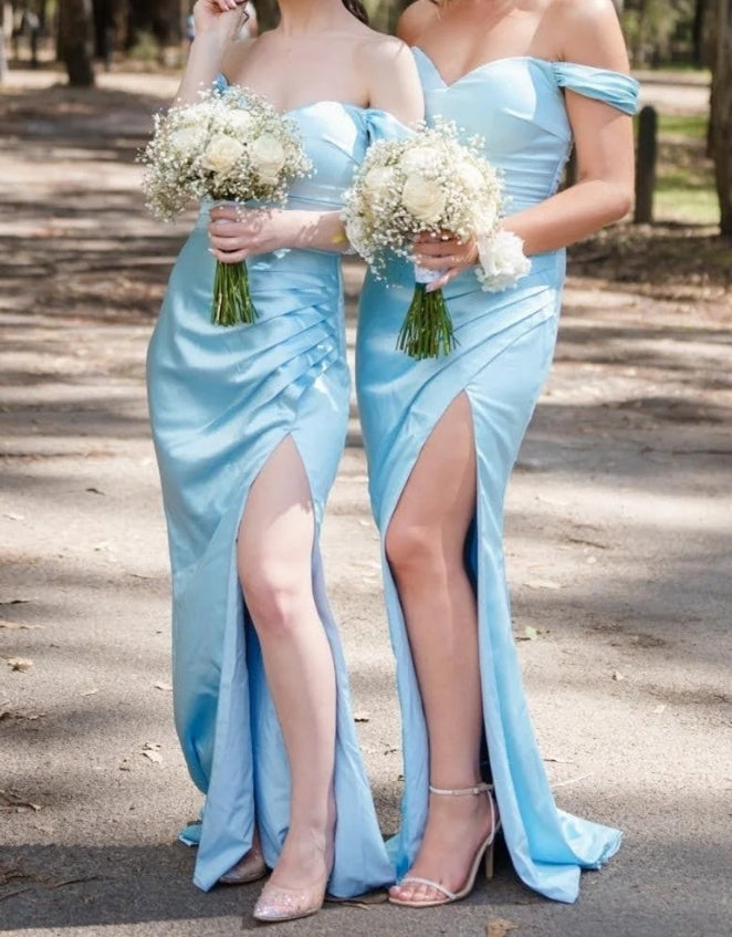 Luolandi Blue Off-the-Shoulder Pleated Long Bridesmaid Dress with Slit Charming Evening Party Dress