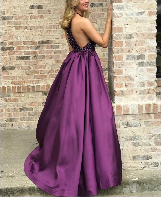 Luolandi Marvelous Satin Jewel A-line Prom Dresses With Rhinestones Floor Length Elegant Evening Dress