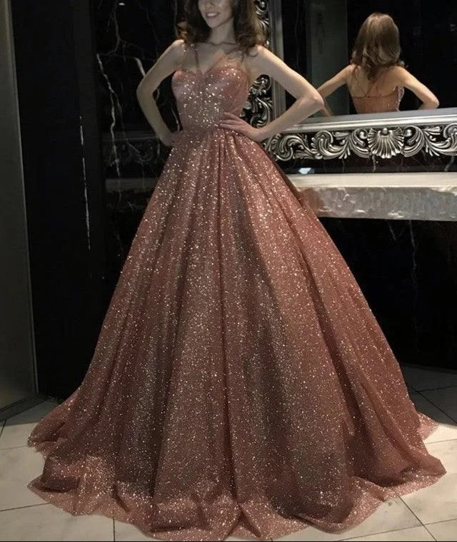 Luolandi Rose Gold Sparkly Ball Gown Dresses Cross Neck Prom Dress A Line Floor Length Charming Evening Dress