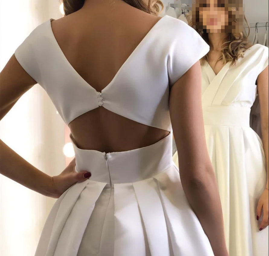 Luolandi Capped Sleeves Wedding Dresses V Neck Ruched Side Split Long Bridal Gowns Sexy Evening Dress