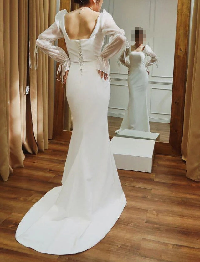 Luolandi Square Neck Long Sleeves Mermaid Long Prom Dress Light Wedding Dress Elegant