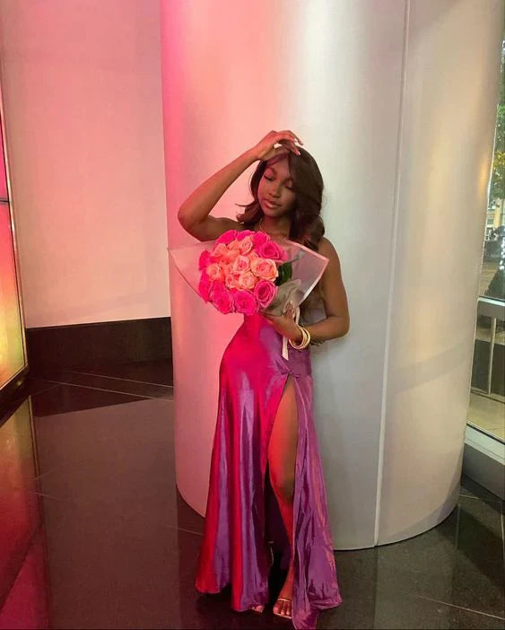 Luolandi Green Satin Long Evening Party Dress with High Split Sexy Evening Dress Formal Dress