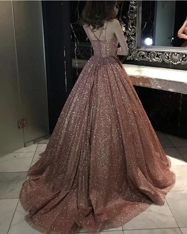 Luolandi Rose Gold Sparkly Ball Gown Dresses Cross Neck Prom Dress A Line Floor Length Charming Evening Dress