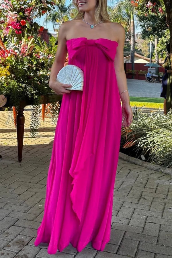 Luolandi Fuchsia Strapless A-Line Cute Bowknot Long Party Dress Wedding Guest Dress Evening Dress With Bow(s)