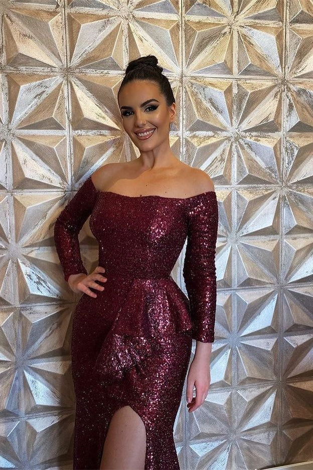 Luolandi Burgundy Long Sleeve Sequin Mermaid Evening Dress With Split Off Shoulder Sparkly Party Dress