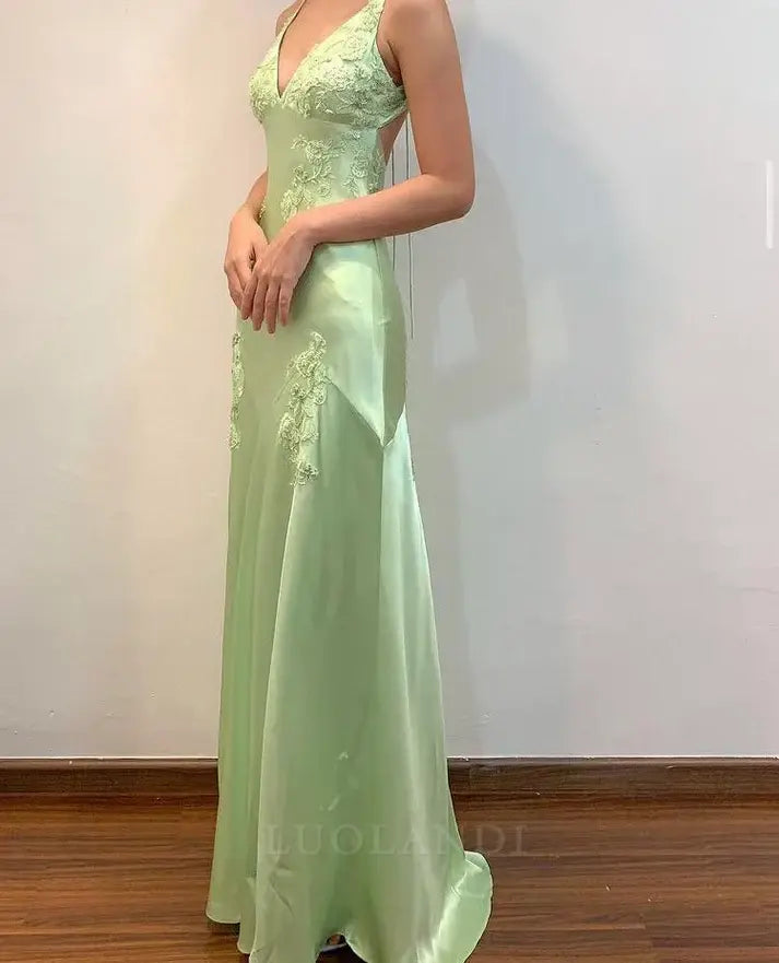 Luolandi Elegant Green Vintage V Neck Long Prom Dress Charming Evening Party Dress Formal Dress