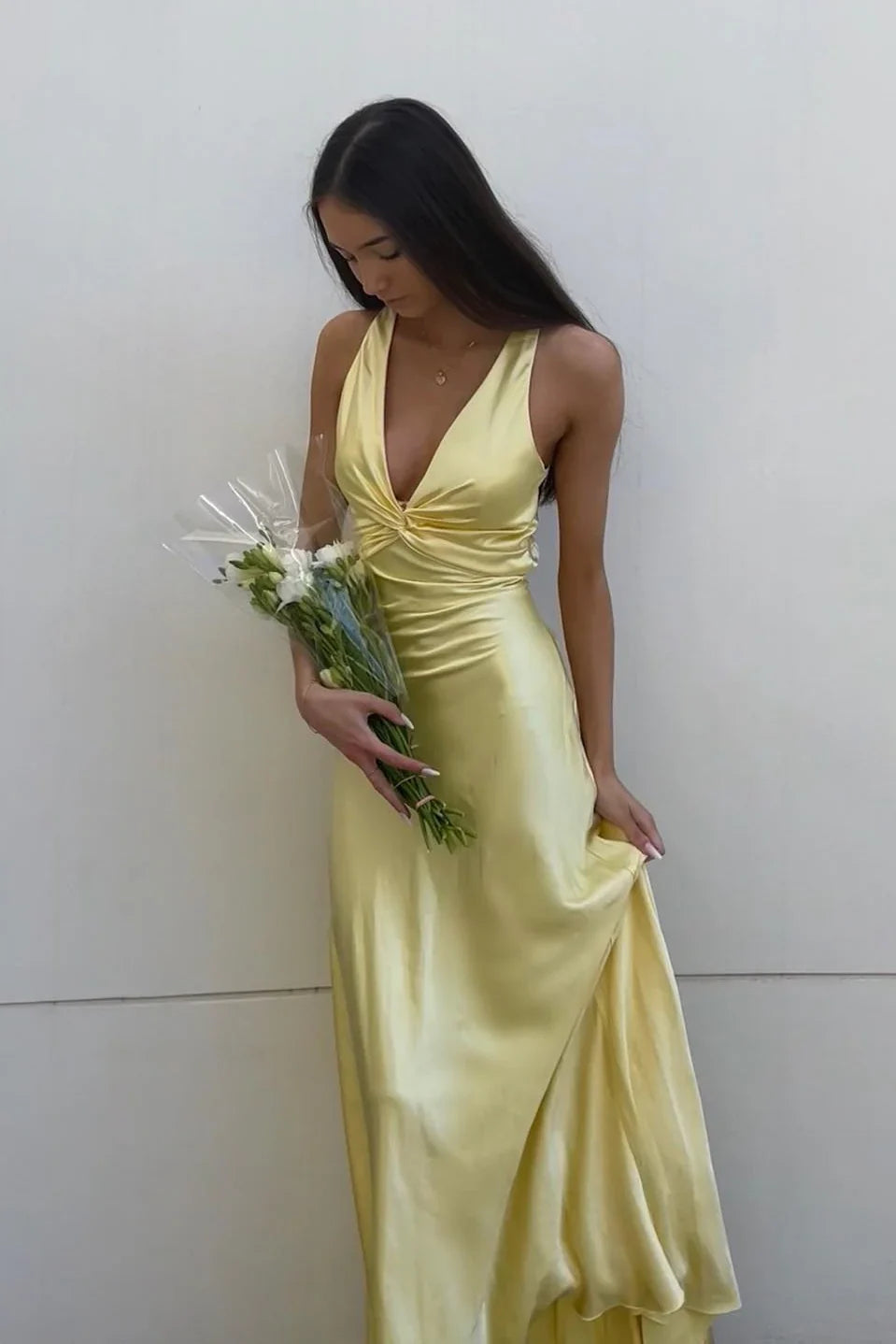 Luolandi Dress Yellow Simple Prom Dress V Neck Evening Dress Charming Formal Party Dress