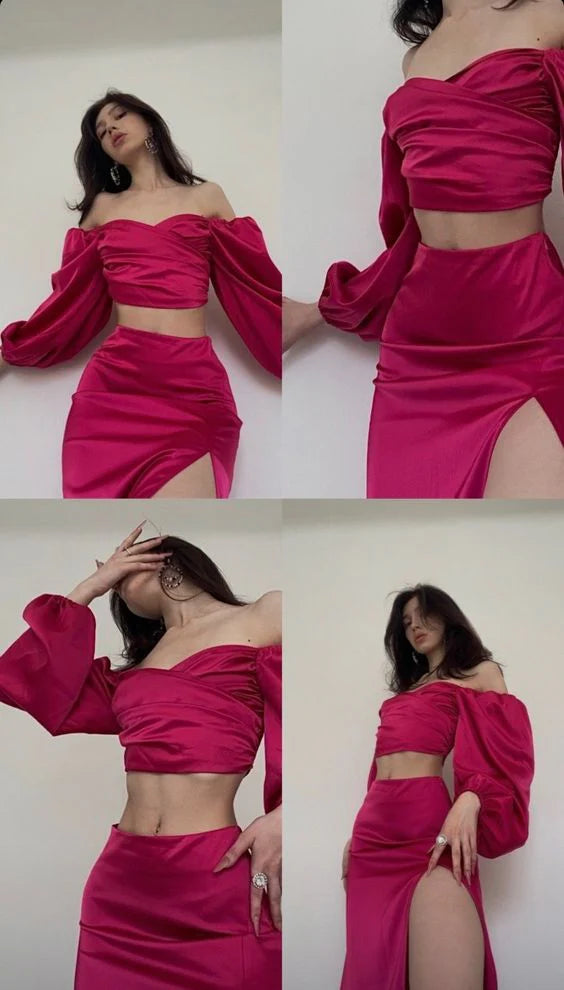 Luolandi Fuchsia 2 Pieces Satin Long Party Dress Birthday Outfits Off Shoulder Evening Dress