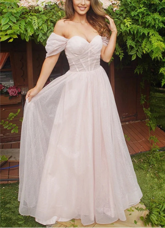 Luolandi Pale Pink Off The Shoulder Evening Dress Floor Length Elegant Prom Dress Sexy