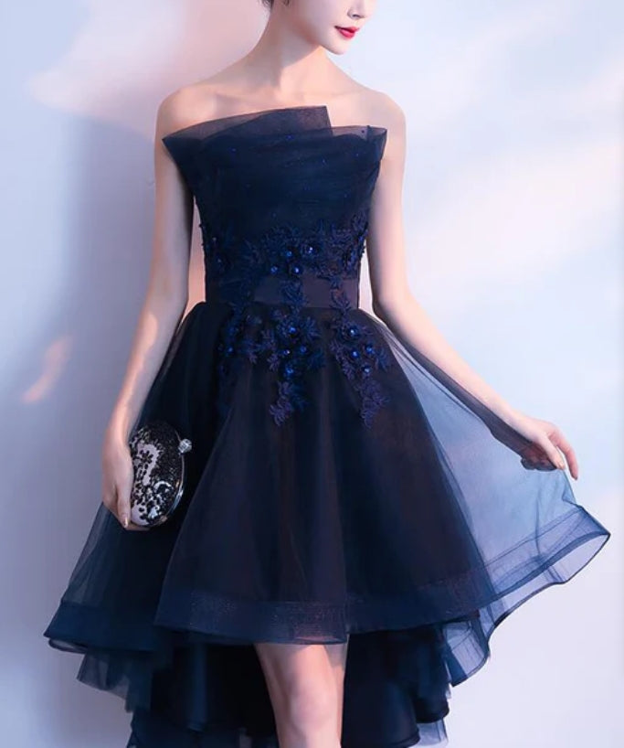 Luolandi Charming Navy Blue High Low Party Dress Lace Applique Prom Dress Off Shoulder Homecoming Dress Cocktail Dress