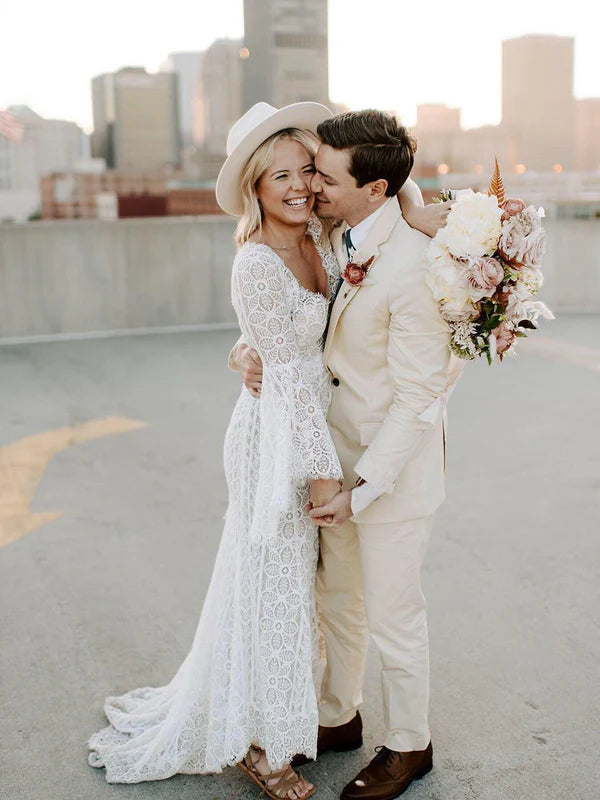 Luolandi Mermaid Wedding Dresses Long Sleeves Lace Long Bridal Gowns Elegant