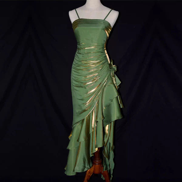 Luolandi Vintage Spaghetti Straps Floral Asymmetrical Hem Long Prom Dress Charming Evening Party Dress