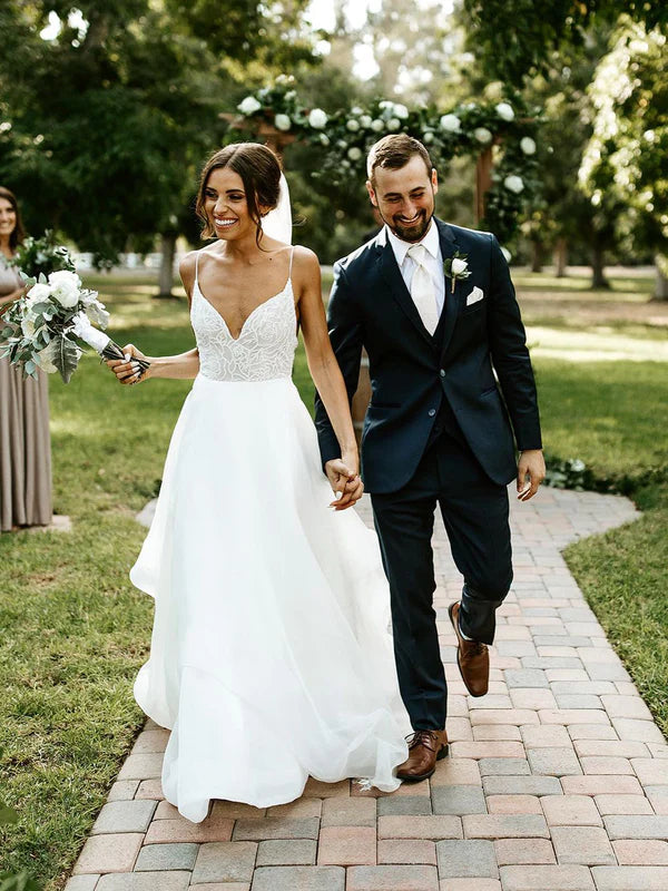 Luolandi Elegant Organza Spaghetti Straps Backless A-line Wedding Dresses With Appliques Beautiful