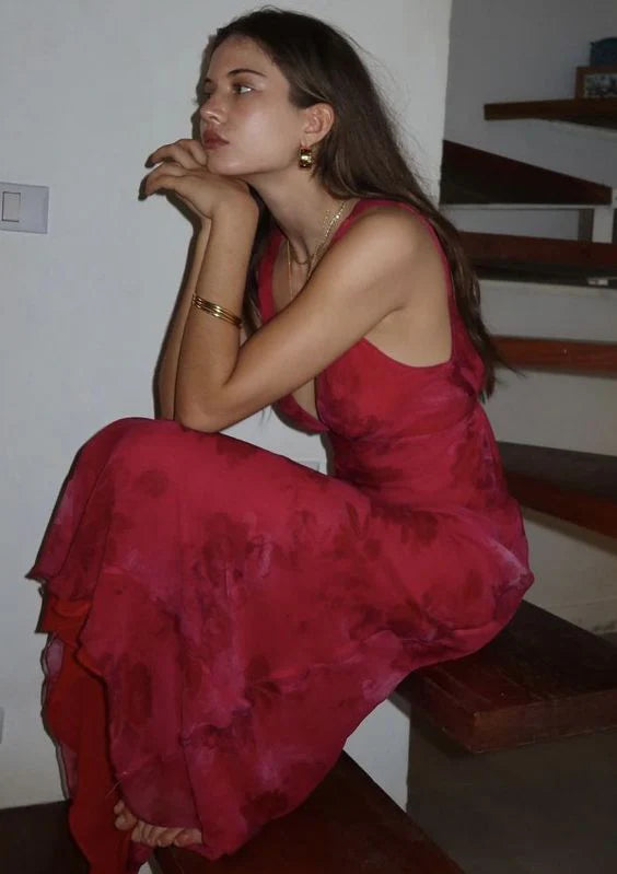 Luolandi Print Floral Long Evening Gown Prom Dress V-neck Charming Party Dress Formal Dress