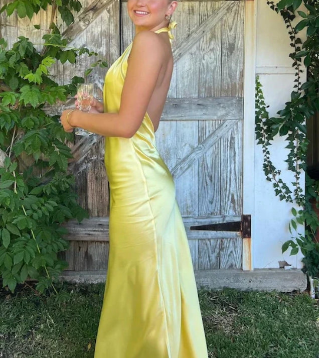 Luolandi Yellow Halter Backless Long Prom Dress Wedding Guest Dress Elegant Party Dress