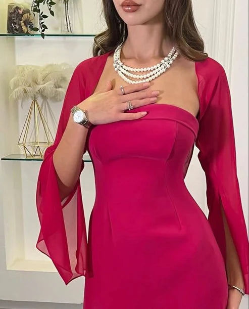Luolandi Hot Pink 2 Pieces Unique Long Party Dress Occasion Dress Elegant Evening Dress Solid Color