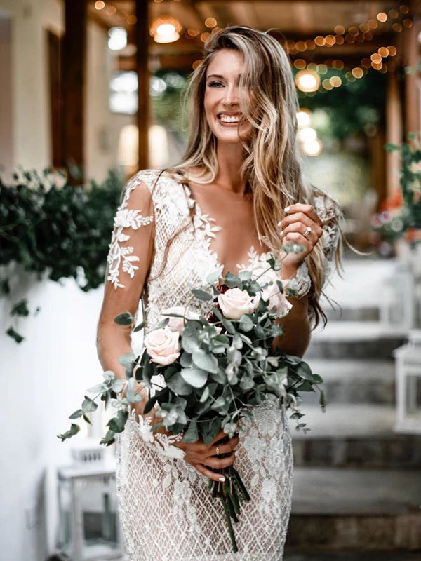 Luolandi Unique Bateau Lace Wedding Dresses Mermaid long Sleeves Gowns Elegant Beautiful