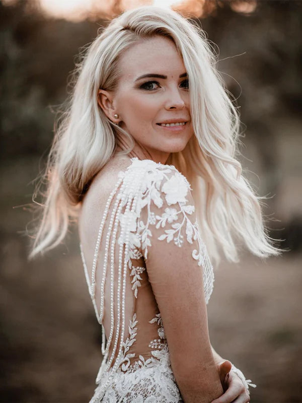 Luolandi Unique Bateau Lace Wedding Dresses Mermaid long Sleeves Gowns Elegant Beautiful