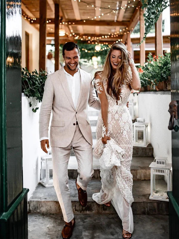 Luolandi Unique Bateau Lace Wedding Dresses Mermaid long Sleeves Gowns Elegant Beautiful