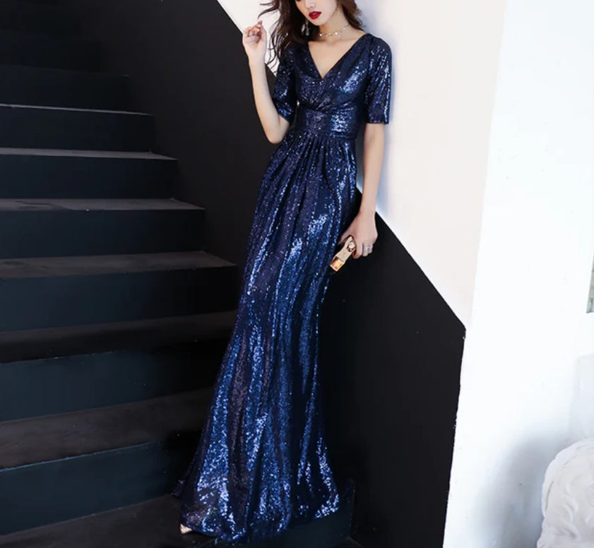 Luolandi Blue Sequins Short Sleeves A-line Long Bridesmaid Dresses Sequins Evening Dress Party Dress Sparkly