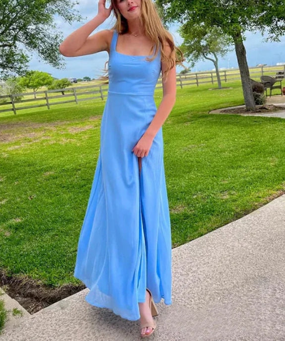 Luolandi Blue Straps Long Summer Party Dress Wedding Guest Dress Simple Formal Dress