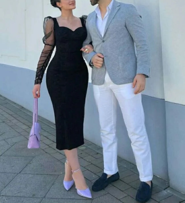 Luolandi Black Long Sleeves Sheath Midi Evening Party Dress Elegant Formal Dress Cocktail Dress