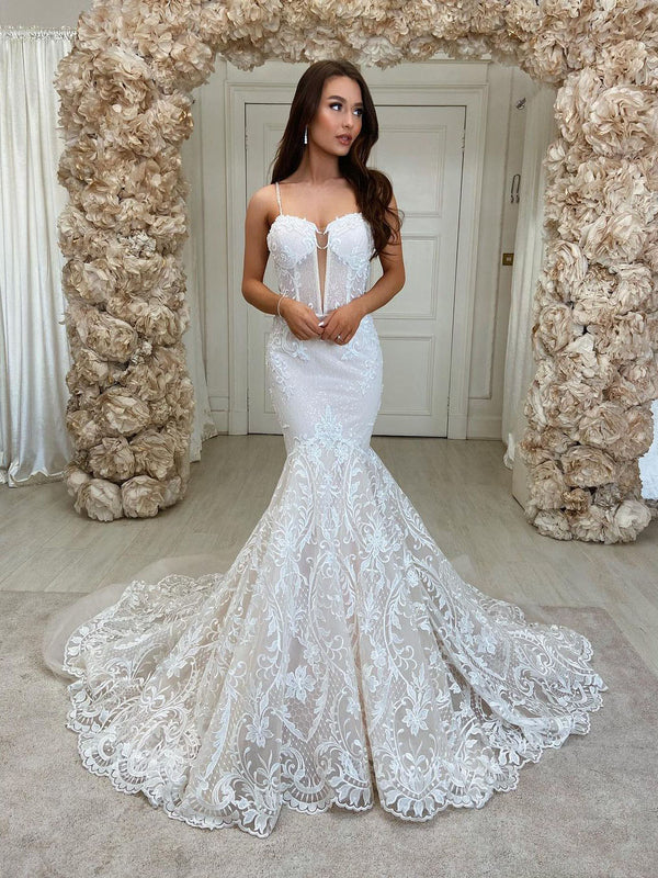 Luolandi Charming Spaghetti Straps Mermaid Wedding Dresses Lace Appliqued Gowns Beautiful