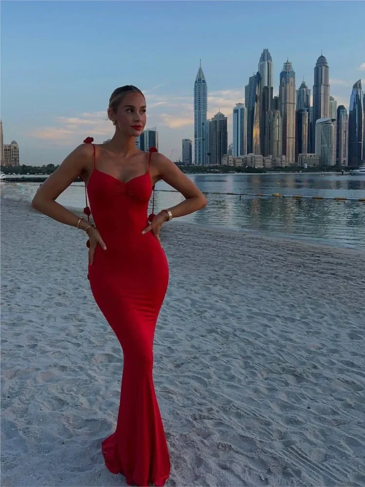 Luolandi Charming Red Straps Backless Mermaid Long Party Dress Sexy Evening Dress Formal Dress
