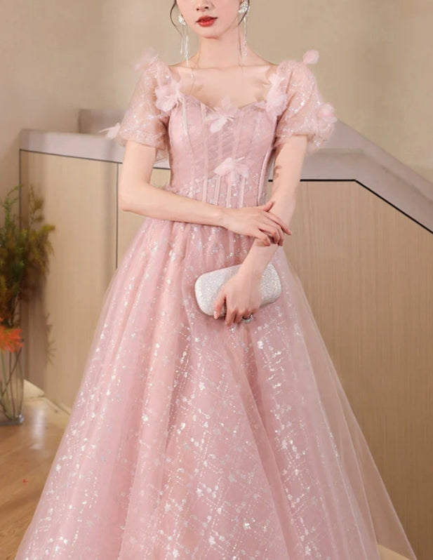 Luolandi Beautiful Tulle Flowers Floor Length Prom Dress Pink A-Line Evening Party Dress