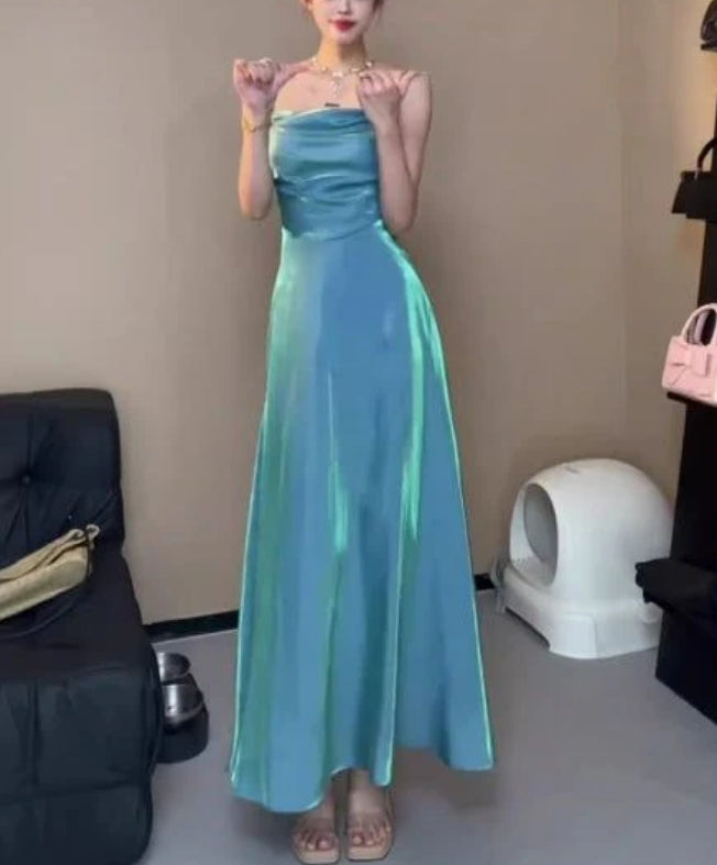 Luolandi Spaghetti Straps Blue Sheath Long Prom Dresses Charming Evening Party Dress