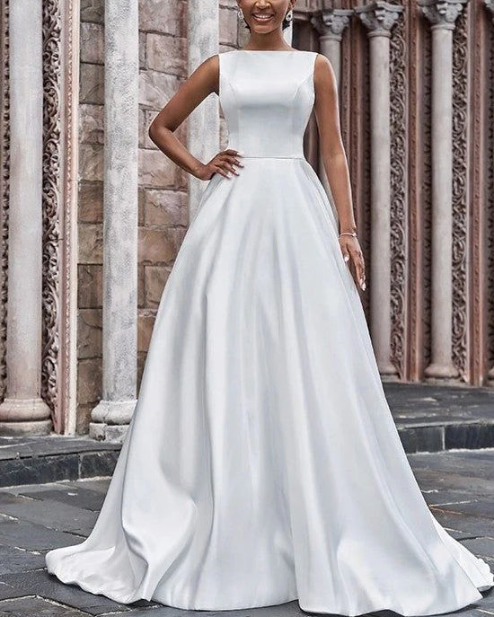 Luolandi A-Line Back Hole Wedding Dresses With Pockets Sleeveless Floor Length Solid Color Simple