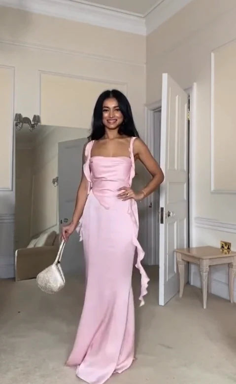 Luolandi Pink Straps Backless Mermaid Elegant Party Dress with Back Slit Evening Dress