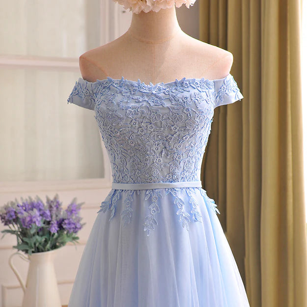 Luolandi Elegant Light Blue Lace Applique Long Party Dress Off Shoulder Bridesmaid Dress Prom Dress