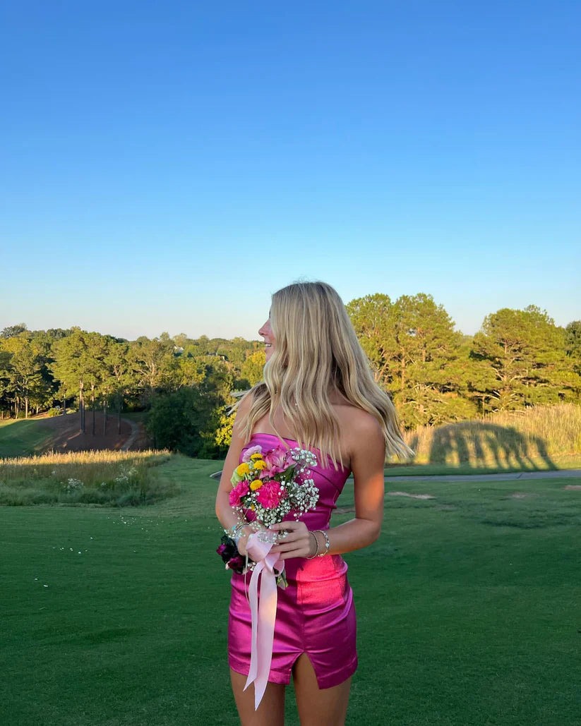 Luolandi Sweetheart Sheath Strapless Satin Short Prom Dress With Slit Charming Homecoming Dress Lovely Graduation Dress Cute Birthday Party Dress