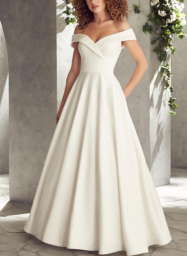 Luolandi Off-Shoulder Ball-Gown Wedding Dresses Satin Floor Length Simple Elegant