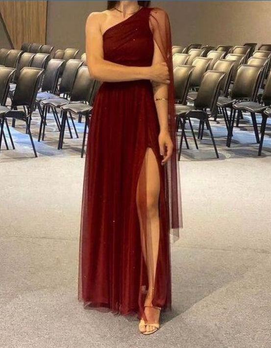 Luolandi Rust Red One Shoulder A-Line Tulle Evening Gown Formal Long Party Dress With Slit