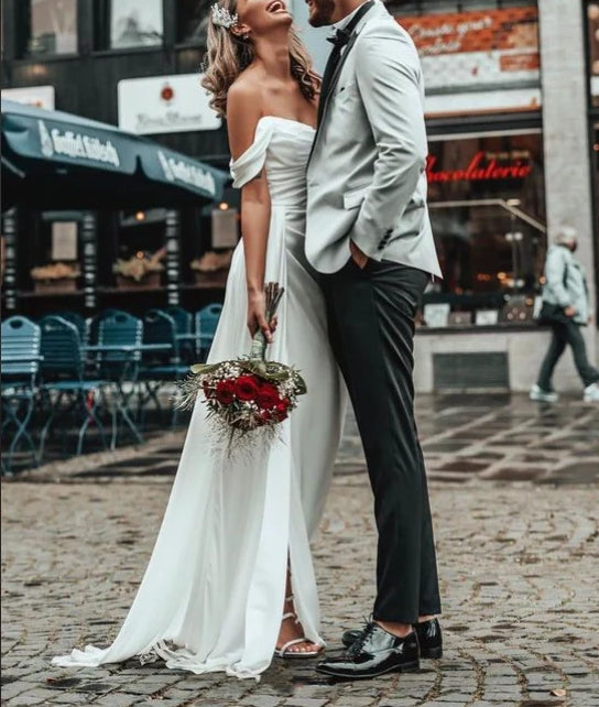 Luolandi Off-The-Shoulder A-Line Satin Wedding Dresses With Split Front Solid Color Simple Sexy Formal Dress