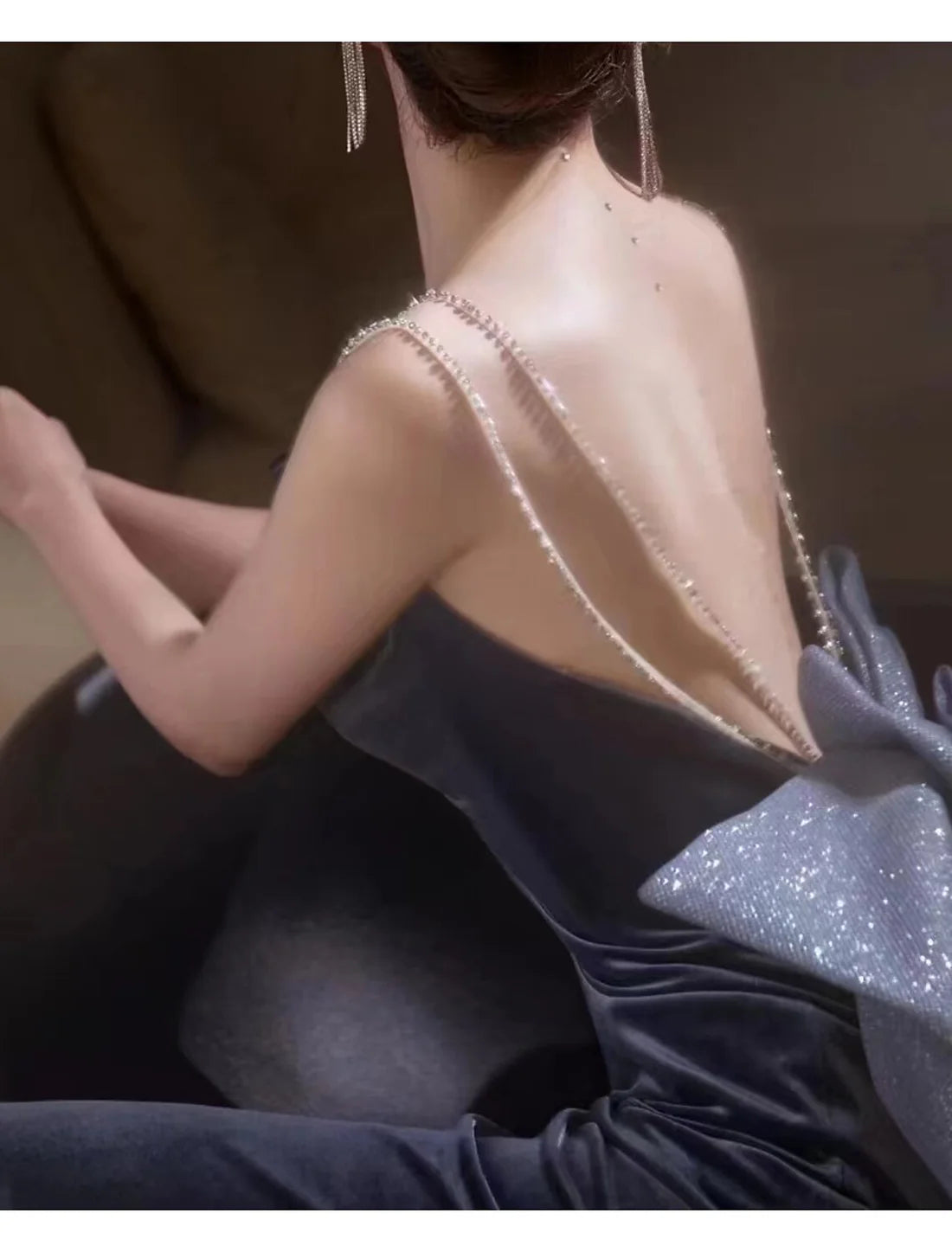 Luolandi A-Line Celebrity Style Elegant Engagement Prom Dress Spaghetti Strap Long Sleeve Sweep / Brush Train Velvet with Bow(s) Crystals Evening Dress