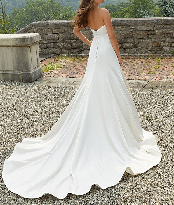 Luolandi Sweetheart Sleeveless A-Line Satin Wedding Dresses With Sweep Train Off Shoulder Simple